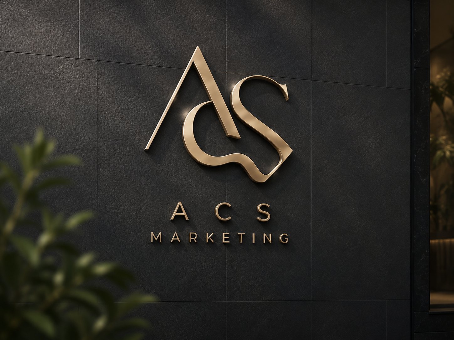 Logo da ACS Marketing aplicado em parede escura